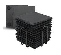 VIBRATITE - Paquete de 12 posavasos de pizarra con soporte de metal, posavasos de piedra de pizarra negra de 4 pulgadas, grabado láser a granel con parte inferior antiarañazos para bebidas, café, bar,