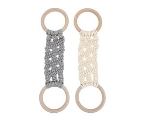 VICASKY 2 soportes para toallas de cocina, con aro de ganchillo para colgar | Gris claro y beige, anilla doble de madera, colgador de toallas de punto, gancho para toallas para cocina, armario, estufa,