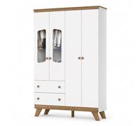 Vicawu Armario Infantil 4 Puertas 2 CAJONES Clown, Blanco/Natural, 131 x 41 x 200 cm, Armario Infantil Dormitorio 4 Puertas Cristal