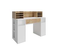 Vicco Escritorio, Blanco/Sonoma, 126.8 x 50 cm | XL con estantes, apto como puesto de trabajo con pasacables y superficie de almacenamiento