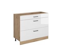 Vicco Mueble bajo de Cocina R-Line, Blanco Alto Brillo/Roble Dorado 100 cm | 3 Cajones · Sin encimera · Patas regulables en altura · ✓ Fácil acceso · ✓ Libremente combinable