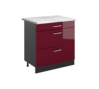 Vicco Mueble bajo de Cocina R-Line, Rojo de Alto Brillo/Antracita 80 cm | 3 Cajones · Encimera incl. · Patas regulables en altura · ✓ Fácil acceso · Libremente combinable