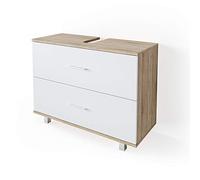 Vicco Mueble bajo Lavabo Ilias, Blanco/Sonoma, 80 x 60.8 cm | 2 Cajones · Recorte para sifón · mucho espacio de almacenamiento · Para productos de cuidado y artículos de baño