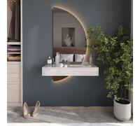 Vicco tocador Sherry, Blanco Alto Brillo 81.4 cm | ✓ Consola de maquillaje · ✓ Espejo LED, orientado a la derecha · Montada en la pared · Diseño flotante · Espejo de media luna