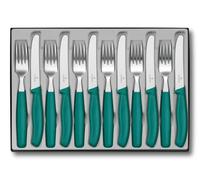 Victorinox Classic Set de 12 Cubiertos, Cuchillo de Mesa 11 cm y Tenedor | Ideal para carne, tomates y pizza con hoja de acero inoxidable de filo dentado y mango de polipropileno verde
