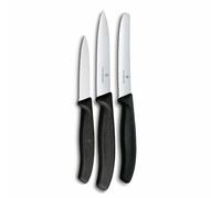 Victorinox Swiss Classic Juego de cuchillos de cocina, 3 piezas, cuchillo para pelar, cuchillo para tomates y cuchillo para desayunos, Mango robusto de plástico, Acero inoxidable, Negro