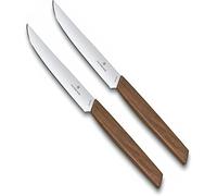 Victorinox Swiss Modern, juego de cuchillos profesionales para carne, 2 piezas, hoja extra afilada, afilado recto, 12 cm, mango de madera, acero inoxidable, marrón