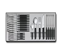Victorinox Swiss Modern Juego de mesa para 6 personas, 24 piezas, in uchillos de carne con filo dentado, mangos de plástico, negro