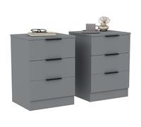 Vida Designs Trega Juego de 2 Mesitas de Noche de 3 Cajones en Gris - Cómodas y Ahorradoras de Espacio - 50 cm x 39 An. x 28 F. - Madera Enginada - Cajones con Guías, Manijas Negras - Ideal para