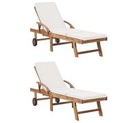 vidaXL 2X Madera Maciza Teca Tumbonas con Cojines Cama Silla Muebles Asiento al Aire Libre Playa Tomar Sol Exterior Jardín Patio Terraza Crema