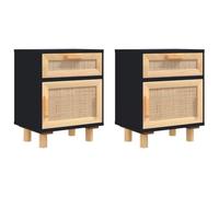 vidaXL 2X Mesitas de Noche Estante Almacenamiento Auxiliar Cómoda Mesilla Dormitorio Salón Sofá Baño Oficina Madera Maciza Pino Ratán Natural Negro