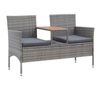 vidaXL Banco de jardín 2 plazas con mesita ratán sintético 143 cm en color Gris/Negro | estructura resistente ideal para salón dormitorio o estudio