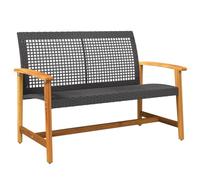 vidaXL Banco de jardín – con respaldo y reposabrazos, madera de acacia y ratán PE negro 112 cm