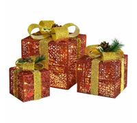 vidaXL Caja de Regalo 3 pzas, Caja Decorativa de Navidad, Adorno Festivo de Luces, Decoraciones Luminosas para Fiestas Jardín, Roja