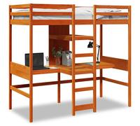 vidaXL Cama alta escritorio y estantes madera maciza marrón 90x200 cm