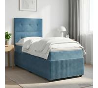 Cama con somier y colchón, con cabecero, color azul, 90 x 190 cm, tapizada en terciopelo