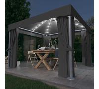 Cenador Con Cortina Y Tira De Luces Aluminio Antracita 3x3 M Vidaxl