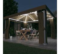 vidaXL Cenador con Cortina y Tira de Luces Lateral Pérgola Jardín Patio Toldo Sombrilla Parasol Tienda Carpa Marquesina Aluminio Taupé 4x3 m