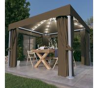 vidaXL Cenador con cortina y tira de luz LED aluminio taupé 3x3 m