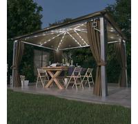 vidaXL Cenador con cortina y tira de luz LED lateral Aluminio taupé 400x300 cm