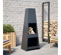 vidaXL Chimenea de exterior con leñero y diseño de torre acero negro