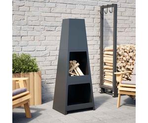 vidaXL Chimenea de exterior con leñero y diseño de torre acero negro