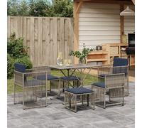 vidaXL Juego de comedor de patio de 7 piezas con cojines, ratán de poliéster gris y acero recubierto de polvo, muebles de jardín para exteriores, sillas sin brazos, taburetes, almacenamiento compacto