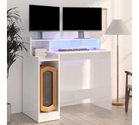 vidaXL Escritorio LED madera contrachapada blanco brillo 97x45x90 cm