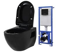 vidaXL Inodoro de pared con cisterna oculta suspendido cerámica negro cierre suave tapa automática