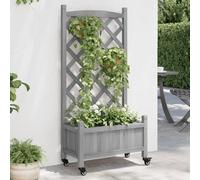 vidaXL Jardinera con enrejado y ruedas – Macetero para plantas, madera maciza de abeto gris