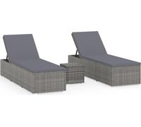 vidaXL: Juego de 3 tumbonas de jardín con mesa auxiliar, fabricadas en ratán sintético, color gris
