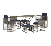 vidaXL Juego de comedor de patio de 7 piezas con cojines, ratán de poliéster gris y acero recubierto de polvo, muebles de jardín para exteriores, sillas sin brazos, taburetes, almacenamiento compacto
