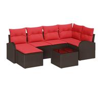 vidaXL Juego de Sofá con cojín 7 pcs Marrón y Rojo ratán sintético, Sofá Modular Rectangular para jardín y terraza, Duradero, Resistente al Sol, ¡arreglos Flexibles