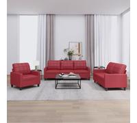 vidaXL Juego de sofás con cojines 3 piezas cuero sintético rojo tinto