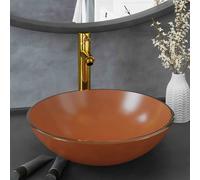 vidaXL Lavabo de baño grifo y desagüe de empuje vidrio templado marrón