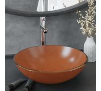 vidaXL Lavabo de baño grifo y desagüe de empuje vidrio templado marrón