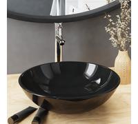 vidaXL Lavabo de baño grifo y desagüe de empuje vidrio templado negro