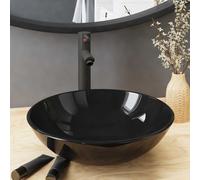 vidaXL Lavabo de baño grifo y desagüe de empuje vidrio templado negro