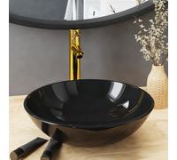 vidaXL Lavabo de baño grifo y desagüe de empuje vidrio templado negro