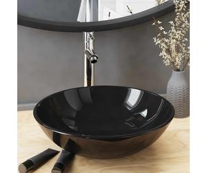vidaXL Lavabo de baño grifo y desagüe de empuje vidrio templado negro