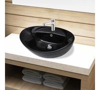 vidaXL Lavabo de cerámica ovalado con agujero para grifo y desagüe negro