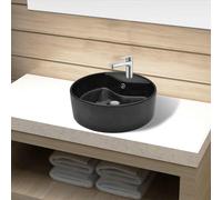 vidaXL Lavabo de cerámica negro redondo con agujero para grifo y desagüe