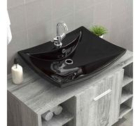 vidaXL Lavabo rectangular cerámica orificio de grifo y desagüe negro