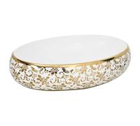 vidaXL Lavabo sobre encimera ovalado – Lavamanos de tocador, cerámica 59x40x15 cm – Blanco Dorado