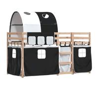 vidaXL Litera doble baja madera maciza pino 90x190 cm con cortinas blanco y negro