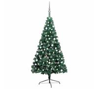 vidaXL Medio árbol de Navidad con luces y bolas verde 150 cm