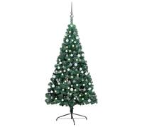 vidaXL Medio árbol de Navidad con luces y bolas verde 210 cm
