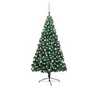 vidaXL Medio árbol de Navidad con luces y bolas verde 210 cm