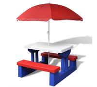 vidaXL Mesa de picnic y bancos para niños y sombrilla multicolor
