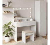 vidaXL Mesa tocador blanca 100x41x135 cm con luces LED y estante de madera de ingeniería